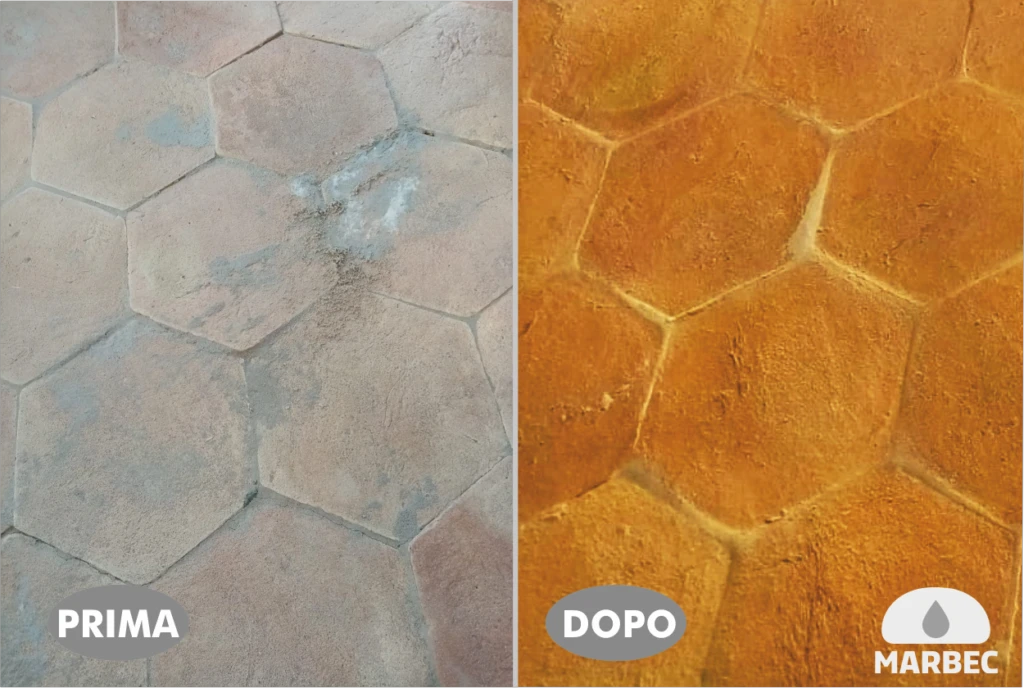 Marbec | Barro hexagonal hecho a mano - antes y después del tratamiento con tim primamano royal wax idrofin lucido 
