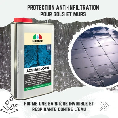 Marbec ACQUABLOCK Protecteur anti-infiltration pour sols et revêtements. Forme une barrière à l'eau invisible et respirante.