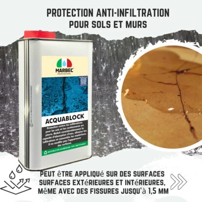 Marbec ACQUABLOCK Protecteur anti-infiltration pour sols et revêtements. Il forme une barrière invisible et respirante contre l'eau.