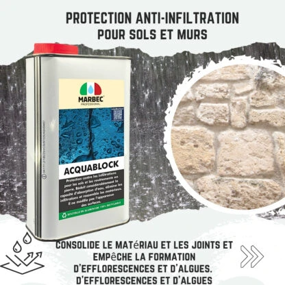 Marbec ACQUABLOCK Protecteur anti-infiltration pour sols et revêtements. Il forme une barrière invisible et respirante contre l'eau.
