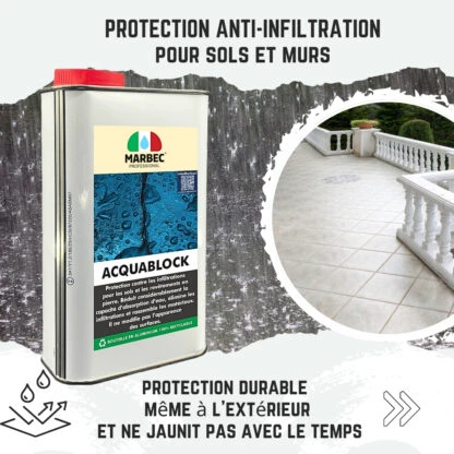 Marbec ACQUABLOCK Protecteur anti-infiltration pour sols et revêtements. Il forme une barrière invisible et respirante contre l'eau.