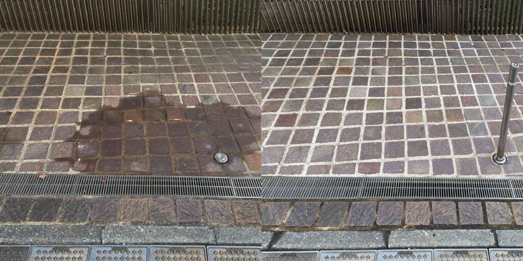 Prima e dopo, rimozione e pulizia delle macchie d'olio su un pavimento in porfido naturale per esterni